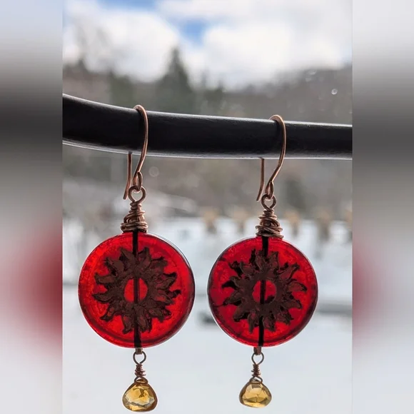 Celestial Sun Earrings Artisan Crafted Copper Wrap Congnac Citrine Drops - Picture 12 of 16